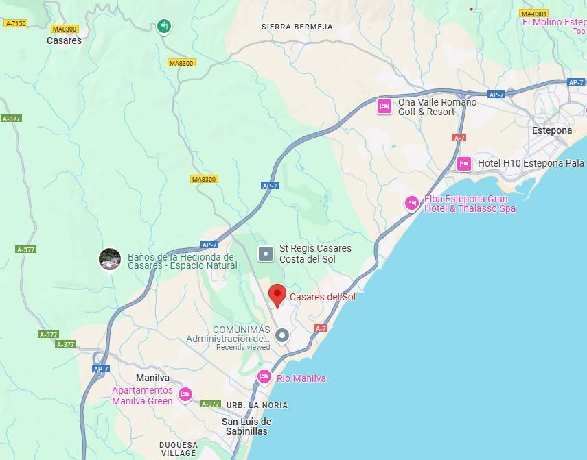 Map showing Casares del Sol location between Estepona and Gibraltar on the Costa del Sol